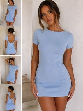 BABYBOO Icy Blue Ribbed Scoop Back Bodycon Mini Dress Medium
